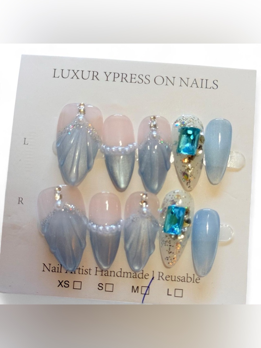 Blue, White, and Silver Glitter and Rhinestone Gem Accent Press On Mermaid Nails